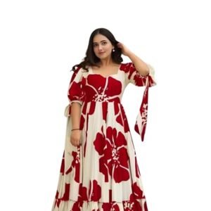 Modestouze Attires Women's Floral Pattern Rayon Blend Maxi Dress with Sweetheart Neck Half Puff Sleeve Floor Length and Zipper Closure Type | Maxi Dress for Women Stylish | Dress for Women