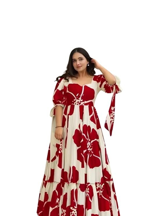 Modestouze Attires Women's Floral Pattern Rayon Blend Maxi Dress with Sweetheart Neck Half Puff Sleeve Floor Length and Zipper Closure Type | Maxi Dress for Women Stylish | Dress for Women