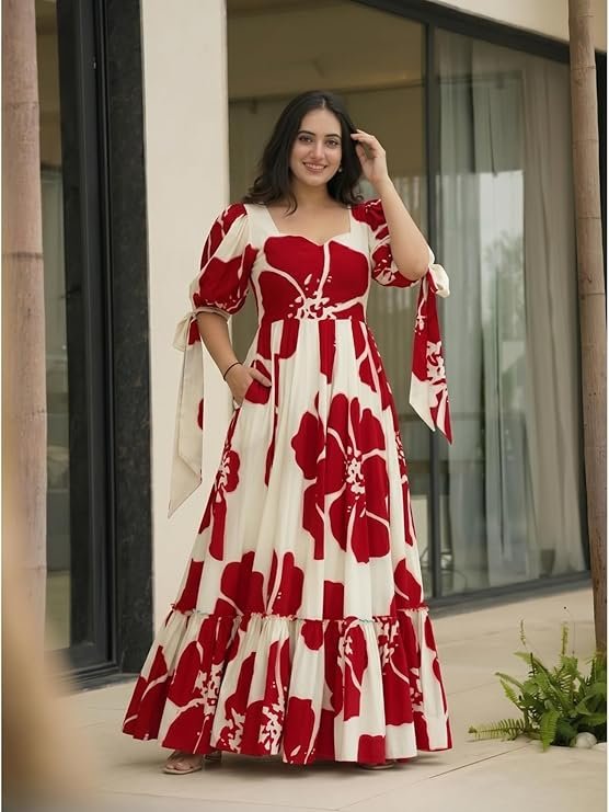 Modestouze Attires Women's Floral Pattern Rayon Blend Maxi Dress with Sweetheart Neck Half Puff Sleeve Floor Length and Zipper Closure Type | Maxi Dress for Women Stylish | Dress for Women - Image 5