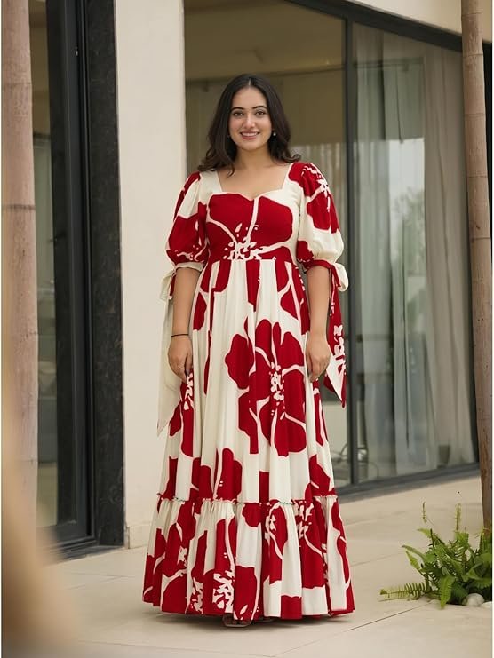 Modestouze Attires Women's Floral Pattern Rayon Blend Maxi Dress with Sweetheart Neck Half Puff Sleeve Floor Length and Zipper Closure Type | Maxi Dress for Women Stylish | Dress for Women - Image 6