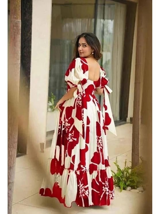 Modestouze Attires Women's Floral Pattern Rayon Blend Maxi Dress with Sweetheart Neck Half Puff Sleeve Floor Length and Zipper Closure Type | Maxi Dress for Women Stylish | Dress for Women - Image 4