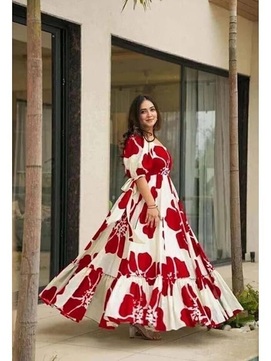 Modestouze Attires Women's Floral Pattern Rayon Blend Maxi Dress with Sweetheart Neck Half Puff Sleeve Floor Length and Zipper Closure Type | Maxi Dress for Women Stylish | Dress for Women - Image 2