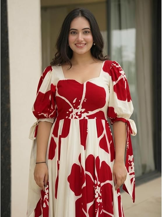 Modestouze Attires Women's Floral Pattern Rayon Blend Maxi Dress with Sweetheart Neck Half Puff Sleeve Floor Length and Zipper Closure Type | Maxi Dress for Women Stylish | Dress for Women - Image 3