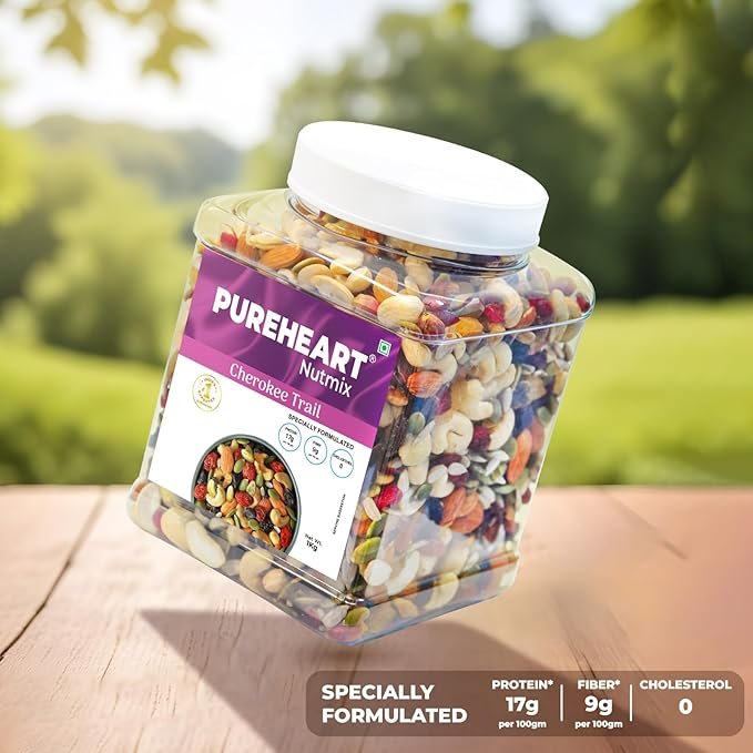 Pureheart Cherokee Premium Trail Mix | An Eclectic Mix of 8 Healthy Superfoods Nuts- Cashews, Almonds, Pistachio | Dry Fruits - Cranberries, Raisins | Seeds - Pumpkin, Sunflower | Reusable Jar (1000g) - Image 4