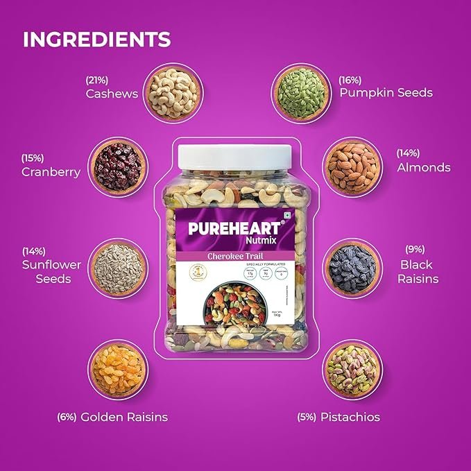 Pureheart Cherokee Premium Trail Mix | An Eclectic Mix of 8 Healthy Superfoods Nuts- Cashews, Almonds, Pistachio | Dry Fruits - Cranberries, Raisins | Seeds - Pumpkin, Sunflower | Reusable Jar (1000g) - Image 5