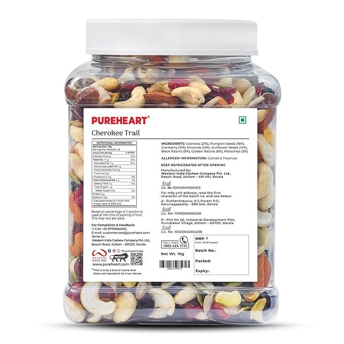 Pureheart Cherokee Premium Trail Mix | An Eclectic Mix of 8 Healthy Superfoods Nuts- Cashews, Almonds, Pistachio | Dry Fruits - Cranberries, Raisins | Seeds - Pumpkin, Sunflower | Reusable Jar (1000g) - Image 6